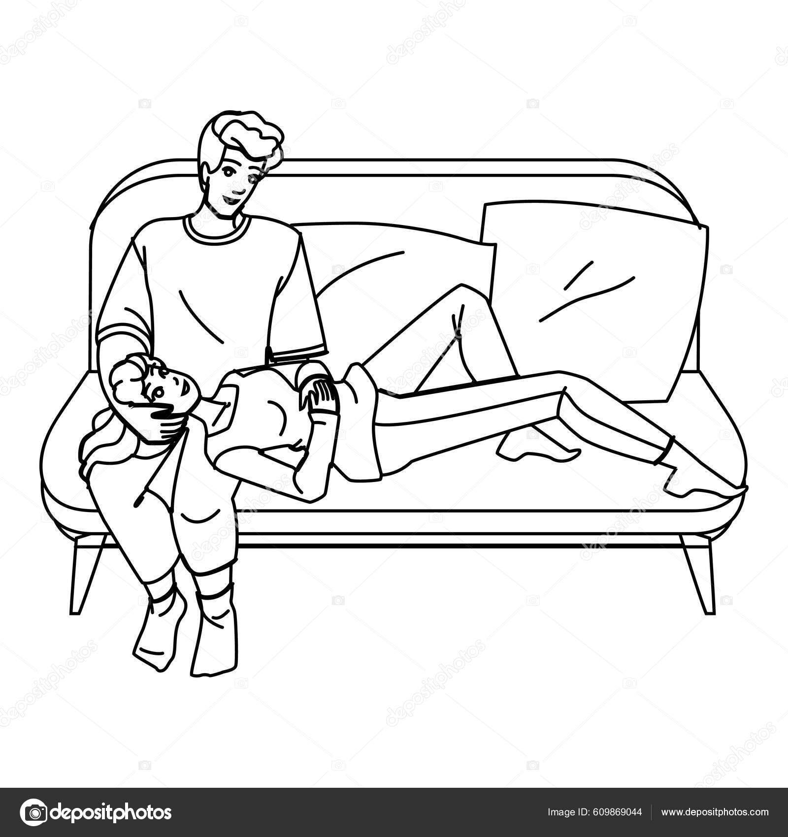 Couple Relax Line Pencil Drawing Vector Man Woman Happy Together